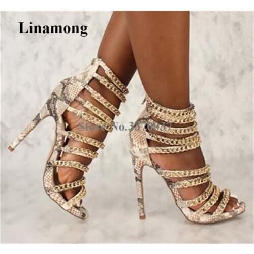 Women Sexy Fashion Open Toe Snake Leather Stiletto Heel Gladiator Sandals Gold Chains Back Zipper-up High Heel Sandals