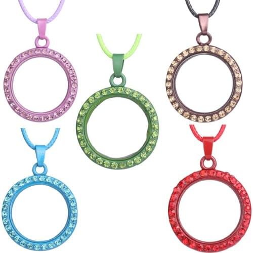 10pcs/lot 30mm Round Colorful Rhinestone Magnetic Glass Living Floating Charms Locket Pendant Necklace free chains Women jewelry