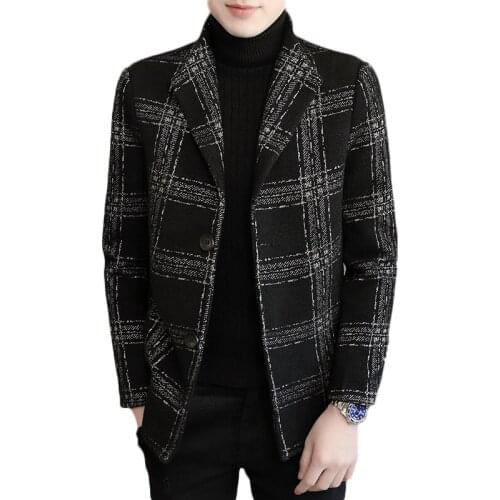 2021 new autumn winter mens fashion brand lattice coat windbreaker lapel slim short wool coat thick coat Woolen trench top male