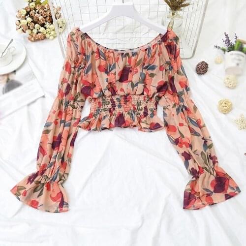Women Blouses Liva Girl Korean Chiffon Shirt Top Floral Square Collar Pleated Slim Short Long Sleeve Blusas Autumn New