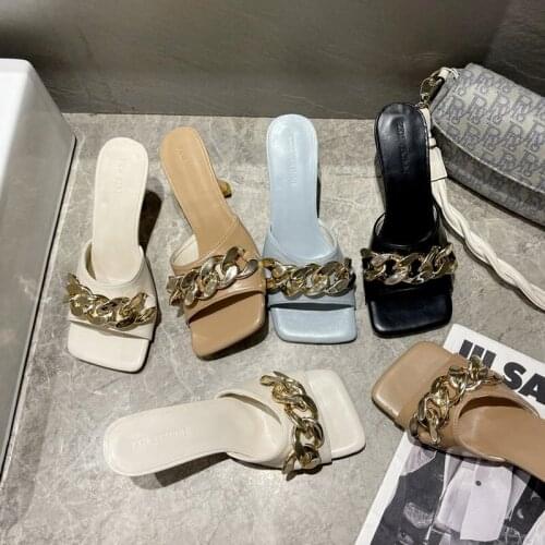 2021 New Summer Chain Ladies High Quality Slippers Fashion Open Toe High Heels Ladies High Heels Blue Apricot Sandals High Heels