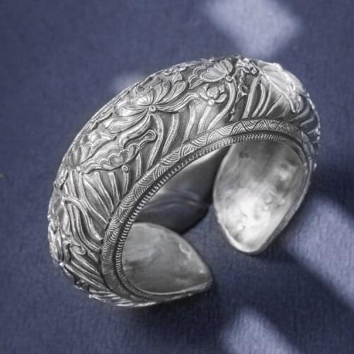 160g heavy solid 999 Sterling Silver Lotus flower Handmade Bangle Cuff Bracelet For Women Mom gift Vintage Jewelry A5170