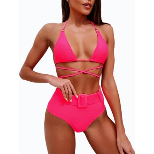 Women 2-Piece Sexy Bikini Set Sling Wire-Free Padded Back Straps Halter Bra Triangle Panty High Waist Swimming Suit Bathing Suit