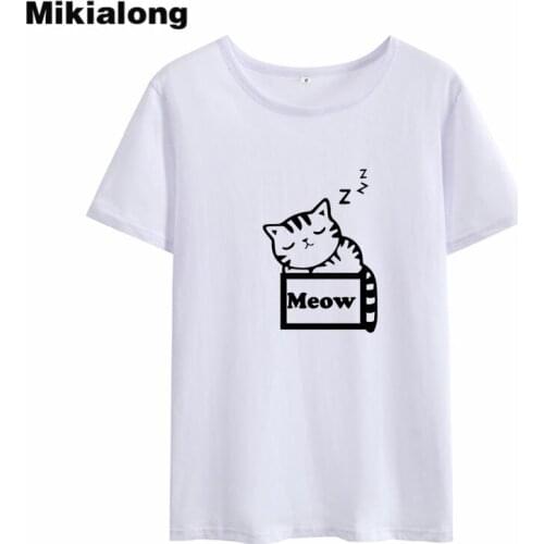 Mikialong Meow Cat Printed Tshirt Women 2018 Summer Korean Kawaii Tee Shirt Femme Black Cotton T-shirt Women Top Dropshipping