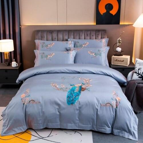 Chinoiserie Chic Asian Peacock Embroidery Duvet cover Vintage Green Long Staple Cotton Soft Bedding Set Bed Sheet Pillow shams