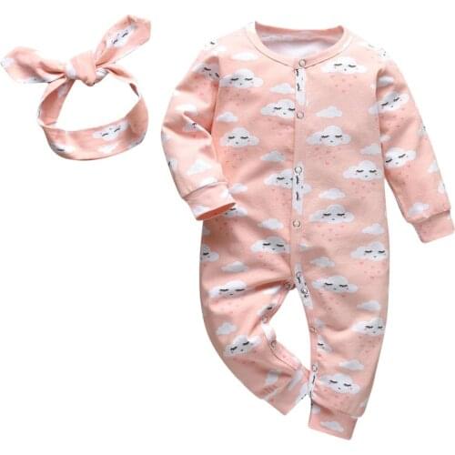 Newborn Baby Girls Romper Cute Cartoon Pink Cloud Print Long Sleeve Jumpsuit and Headband 2Pcs Infant Toddler Girl Clothes
