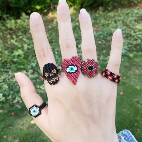 FAIRYWOO Miyuki Glass Bead Rings Women Ring Set Evil Eye Ring Punk Heart Rings Flower Ring Set Freindship Jewelry Delica Gifts