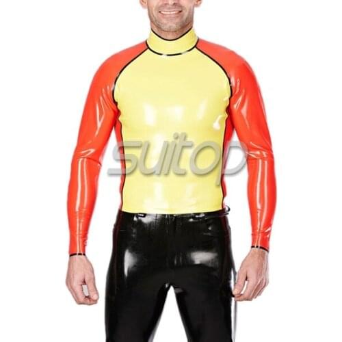 Latex two colors tops rubber garment suit for boys