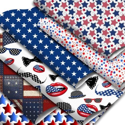 Independence Day Faux Leather Sheets Star Chevron Flag Firework Pattern Printed Synthetic Leather Fabric Roll for July Fourth