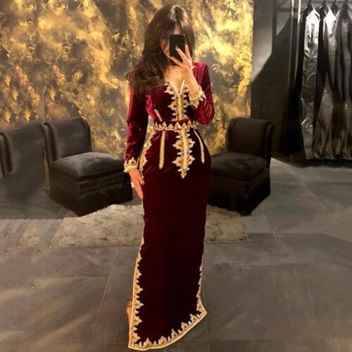 Morocco Caftan Burgundy Evening Dresses 2021 V Neck Mermaid Velvet Long Sleeve Split Prom Formal Party Gowns Dubai Vestidos