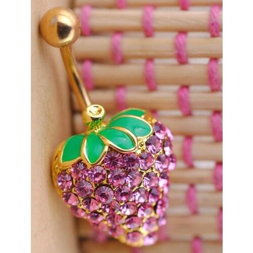 Sweet Crystal Pink Strawberry Belly Button Rings Cute Stainless Steel Sexy Lady Piercing Body Jewelry Gifts