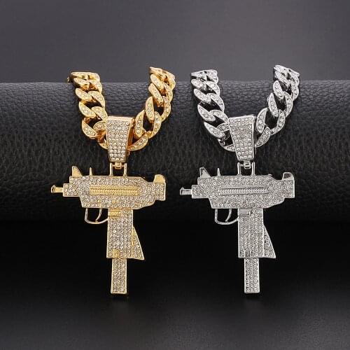 Mens And Womens Hip Hop Ice Out Shiny UZI Gun Pendant Shape Necklace Cuban Chain Personality Rock Accessories