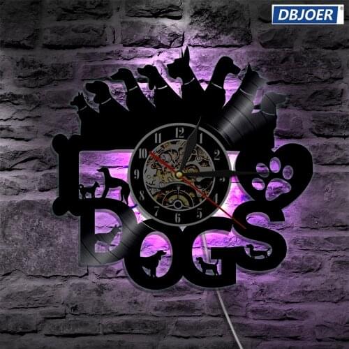 I Lover Dogs Wall Vinyl Led Wall Lighting Vintage LP Record Clock Handmade Decor Art Gift Silhouette Timepiece LED Light