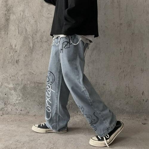 2021 New Autumn and Winter Original Retro Harajuku Street Style Commuter Cartoon Simple Printed Loose Jeans For Men and Women