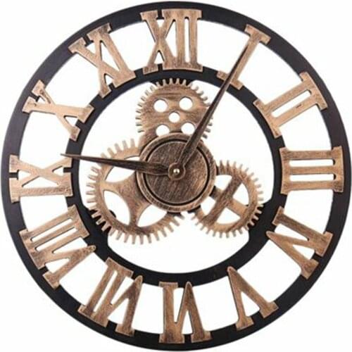 New 40cm 3D Gear Design Roman Numeral Wall Clock Non-ticking Wooden Large Clock Living Room Hotel DIY Decoration Without Battery