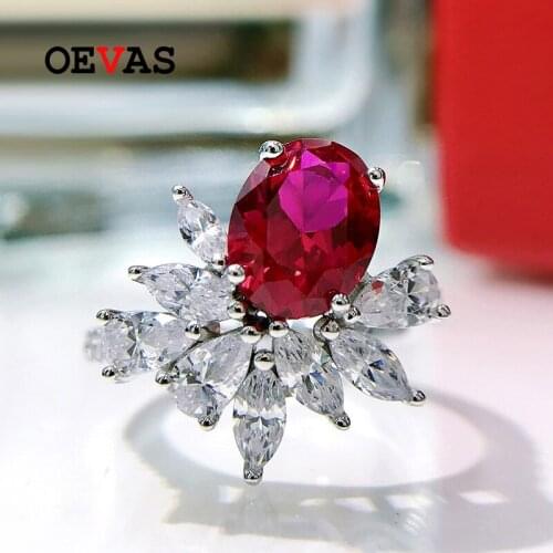 OEVAS 100% 925 Sterling Silver 7*9mm Oval Synthetic Ruby Ice Flower Cut Rings For Women Sparkling Wedding Fine Jewelry Wholesale