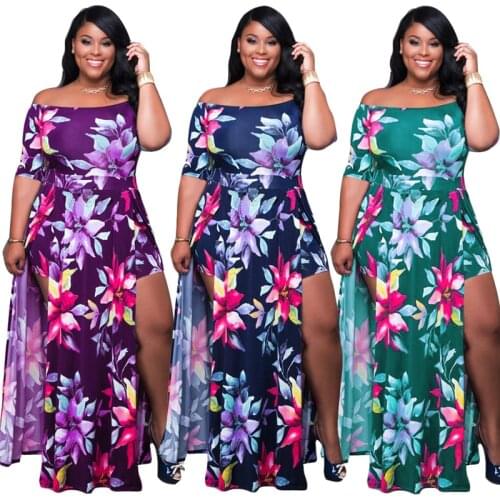 Dress Women Plus Size Summer High Waist Off Shoulder Dresses Maxi Elegance Sexy Split Shorts Floral Dress Wholesale Dropshipping