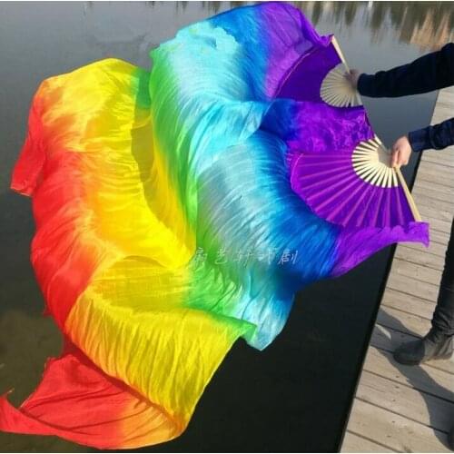 Professional 100% Real Silk Belly Dance Fan Veils Folding Long Fan Rainbow Color Girl Adults Size 1.2/1.5/1.8/2.1m Free Shipping