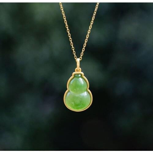 Qinglu Natural Hetian Jade Green Jade Calabash Pendent S925 Sterling Silver Jade Necklace Exorcising and Fortune Drawing Birthda