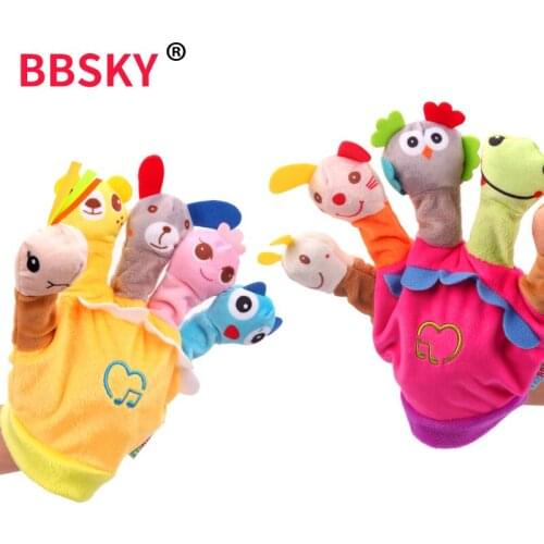 Storytelling parent-child interaction with music box Cute cartoon animal hand finger puppet Plush toy doll baby Comforting towel