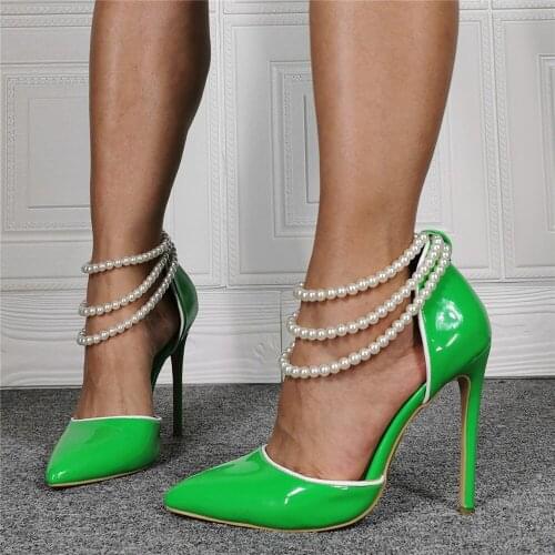 Real photos woman pointed toe high heel Pearl necklace high heel shoes woman green patent leather pearls woman high heels