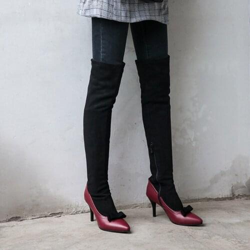 Sweet bow pointed high heel stretch Knee Boots large 44 45 46 47 48 bow long boots