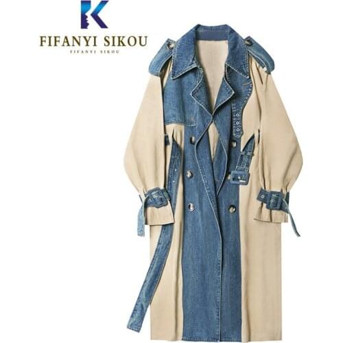 Denim Patchwork Trench Coat Women 2020 New Fashion Double Breasted high quality Long Trench Coat Female Loose Casual Outerwear