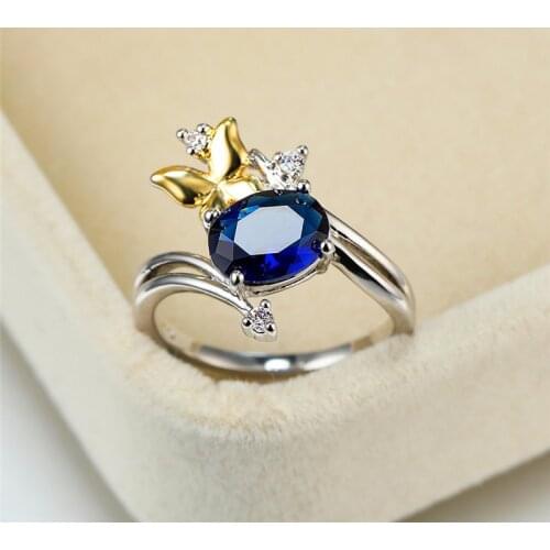Vintage Female Blue Oval Crystal Ring Cute Silver Color Wedding Ring Simple Gold Butterfly Engagement Rings For Women