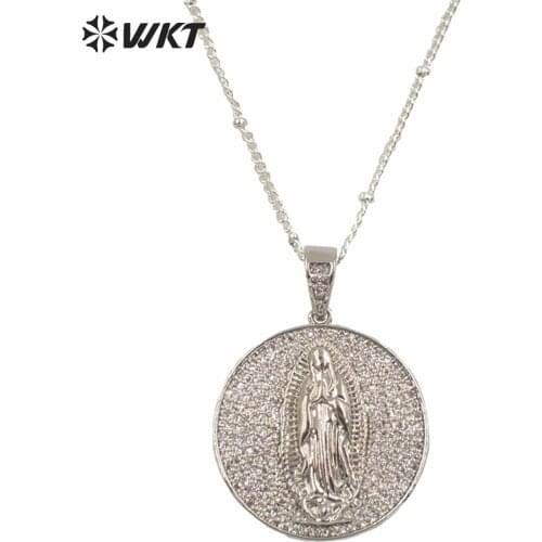WT-MN967 New color platinums electroplated micropave CZ prong setting round pendant necklace women steel cubic zircon necklace