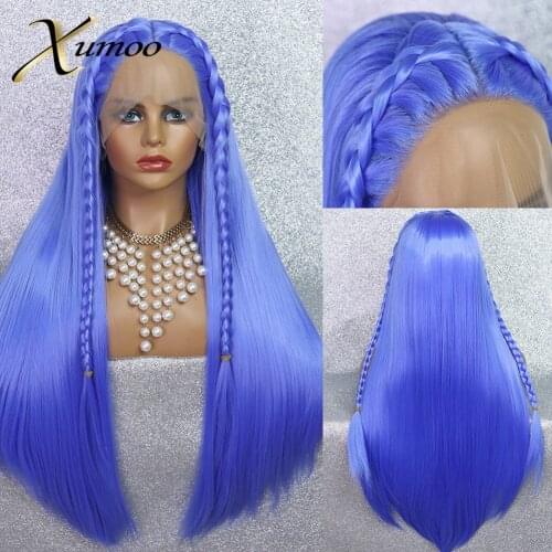 XUMOO Blue Synthetic Wig Glueless Heat Resistant Long Bone Straight Lace Front Wig With Baby Hair For Cosplay Party Lolita Women