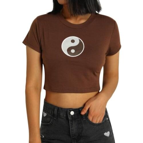 Women’s Casual Short Sleeve T-shirt Fashion Tai Chi/Mushroom Embroidery Exposed Navel Tops