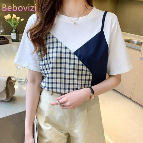 S-XXL 2021 New Ins Fashion Stitched Plaid Short-sleeved T-shirt for Women Short Sleeve Summer Tops