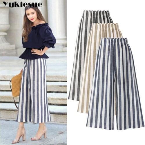 2020 Fashion Women striped Wide Leg Pants Elegant Solid Elastic High Waist Trousers Female Casual Loose Long Pantalon Streetwear