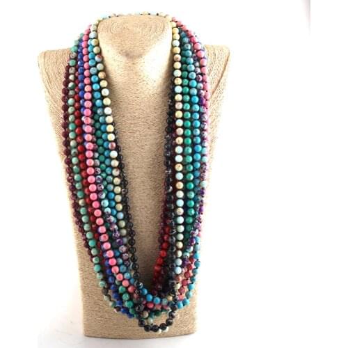 Fashion Bohemian Tribal Jewelry 8mm Stone Long Knotted Women Beads Necklace