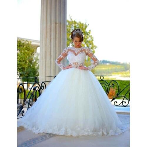 Sexy Sheer Ball Gown Wedding Dresses Jewel Neck Long Sleeves Lace Appliques Wedding Bridal Gowns Vestido De Novia