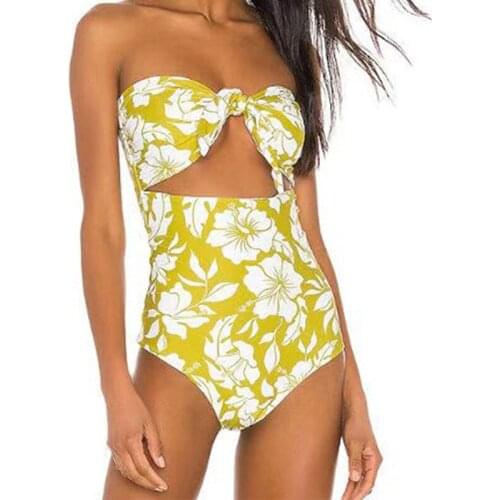 2021 Women Summer Sexy Hollow Bikini Bow-Knot One Piece Swimsuit Strapless Print Floral Swimwear Wrap Chest Bathing Suits
