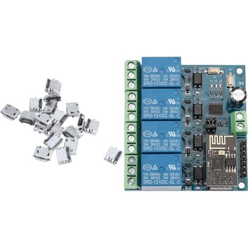 20 Pcs DIY Micro-USB 5 Pin Female Connector Glass Surface & 1 Pcs 12V ESP8266 Four Ways WiFi Relay Remote Control Switch