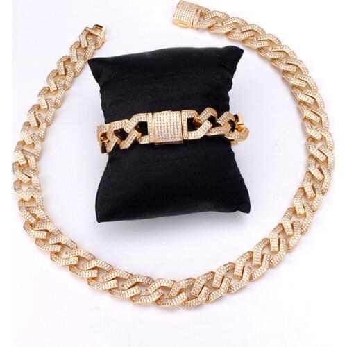 AAA CZ Stone Paved Open Lock Bling Iced Out Square Cuban Chain Bracelet Necklaces Set for Men Hip Hop Rapper Jewelry