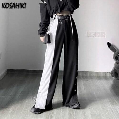 KOSAHIKI Streetwear Gothic Wide Leg Pants Women Contrast Color High Waist Fashion Trousers with Belt Black Stitched Pants