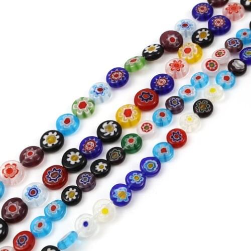 8mm 10mm Lampwork Glass Beads Flat Round At Random Color Flower Loose Spacer Beads DIY Making Bracelets Jewelry Gifts,1Strand