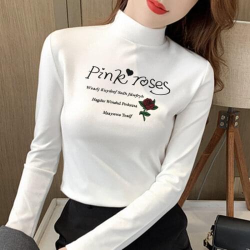 Letter Print Double-Sided Velvet Pullover Korean Temperament Inner Wear Half High Collar Slim Knitwear Sweater All-Match TT0097