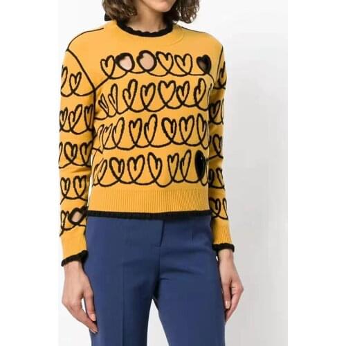Contrast Bicolor Cut-Out Embroidery Heart Wool-Blend Jumper Black Velvet Patchwork Bowknot Viscose Knit Fleece Cropped Sweater