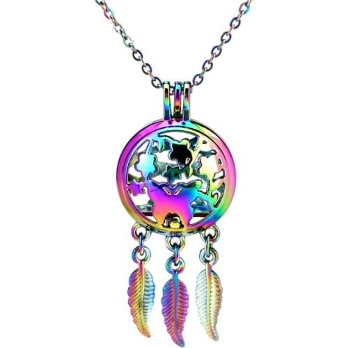 C894 Rainbow Color Dream Catcher Beaty Butterfly Flower Round Ball Leaf Locket Pendant Aroma Essential Oil Diffuser 28"Necklace