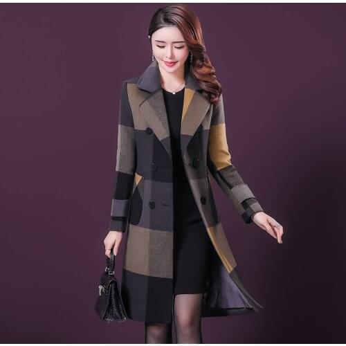 L-5XL Women Wool Blends Coat Autumn Winter 2021 New Fashion Thicken Warm Plaid Overcoat Slim Long Tops Outerwear Female
