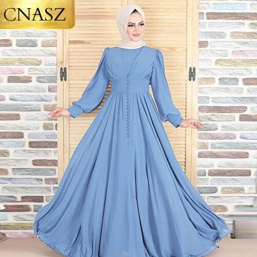 Summer Women Dress Latest Eid Dress Chiffon Simple Button Solid Color Design Islamic Clothing Muslim Women Dresses Dubai Abaya