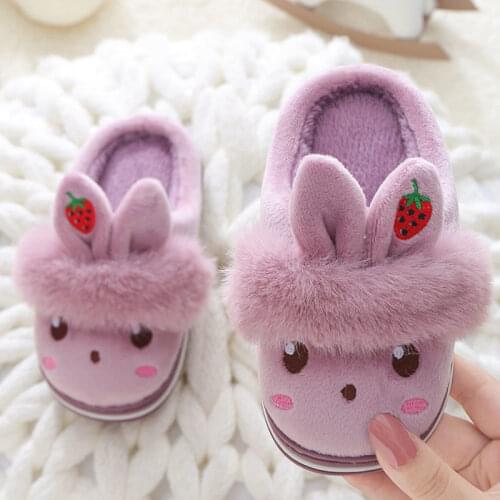 2021 New Korean Version Furry Slippers Childrens Rabbit Ear Rubber Winter Velvet Shoes Girls Cute Slippers