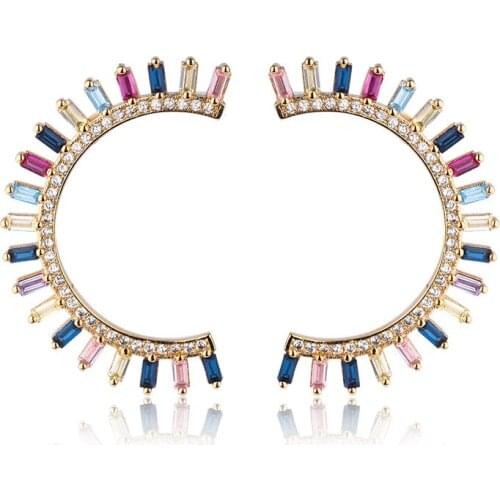 OMYFUN Copper Stud Earrings With Rainbow Color CZ Crystal Half Moon Shaped Brincos Fashion Girls Ladies Bijoux Factory Price E85