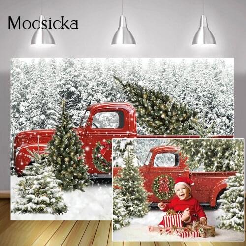 Christmas Red Truck Backdrop Winter Wonderland Snowy Forest Tree Photography Newborn Kids Birthday Portrait Background Studio