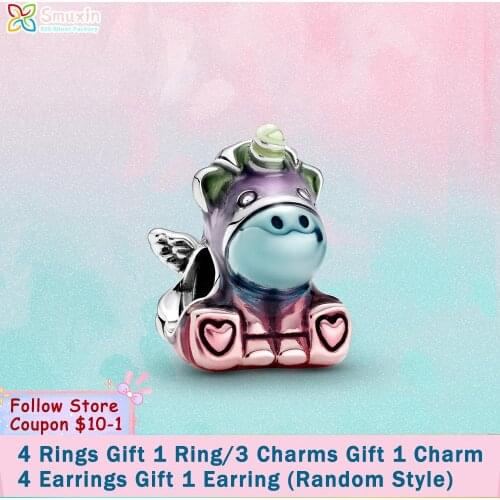 Smuxin 925 Sterling Silver Colorful Rainbow Bruno the Unicorn Charm fit Original Pandora Bracelets for Women DIY Jewelry Making