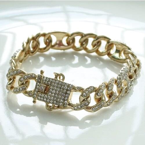 Rhinestone Cuban Bracelet Iced Out Link Chain for Men Hip Hop Paved CZ Rapper Bling Bracelet Jewelry Accessories Gift